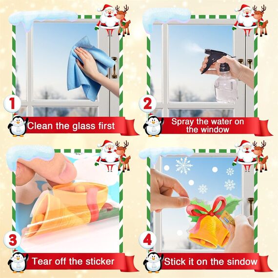 Aquarell Fensterbilder Weihnachten,Selbstklebend Weihnachtsfensterbilder Doppelseitig Fensterbild Weihnachten Wiederverwendbar, Kinder Fensterfolie Weihnachten Winter Static Fenster Fensteraufkleber