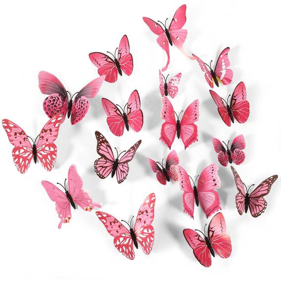 Foonii 72 PCS 3D Schmetterlinge Wanddeko Aufkleber Abziehbilder,schlagfestem Kunststoff Schmetterling Dekorationen, Wand-Dekor Rosa