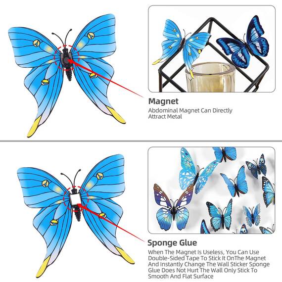 Foonii 72 PCS 3D Schmetterlinge Deko Wanddeko Aufkleber Abziehbilder,Butterfly Wandsticker 3D Wandtatoo für Die Wand Wohnung Hause Schlagfestem Kunststoff Schmetterling Dekorationen Wand-Dekor Blau
