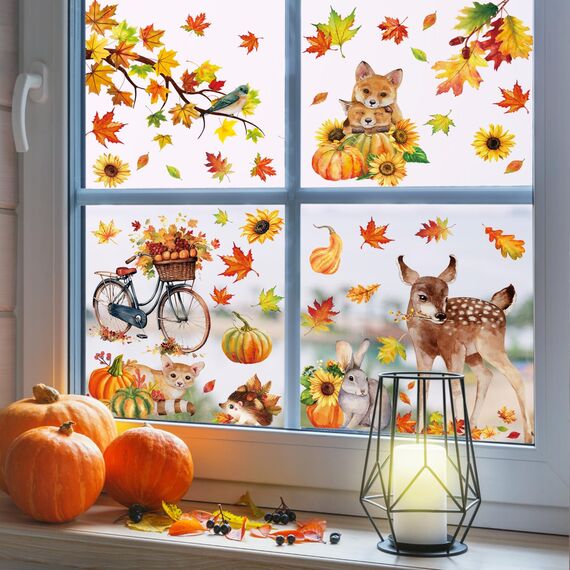Aonveki 68 Stück Fensterbilder Herbst Selbstklebend, Thanksgiving Herbstdeko Fenster Aufkleber Ohne Kleber, Ahornblätter Kürbis Kleintiere Fensterdeko Herbst für Kinderzimmer Cafe