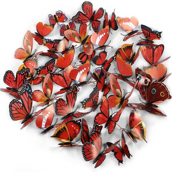 Foonii 72 PCS 3D Schmetterlinge Wanddeko Aufkleber Abziehbilder,schlagfestem Kunststoff Schmetterling Dekorationen, Wand-Dekor Rot