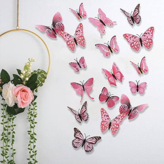 Foonii 72 PCS 3D Schmetterlinge Wanddeko Aufkleber Abziehbilder,schlagfestem Kunststoff Schmetterling Dekorationen, Wand-Dekor Rosa
