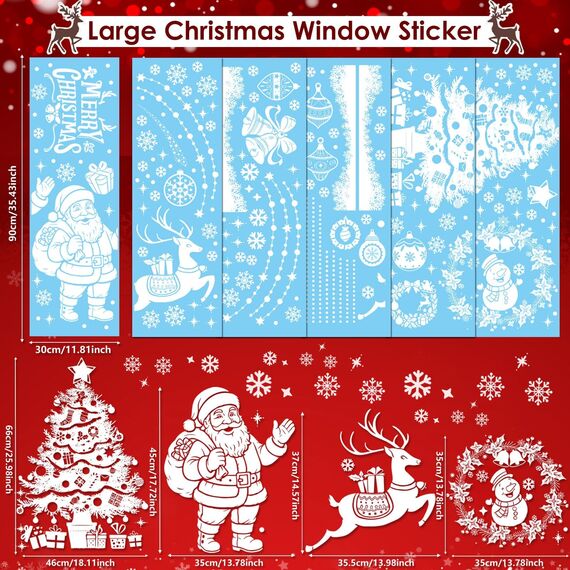 AhfuLife 90 x 30CM Groß Fensterbilder Weihnachten Weihnachtsmann für Weihnachten Deko, 6 Blatt Fenstersticker Weihnachtendeko mit Bäume Schneemänner Rentiere für Deko Türen Fenstern Schränken