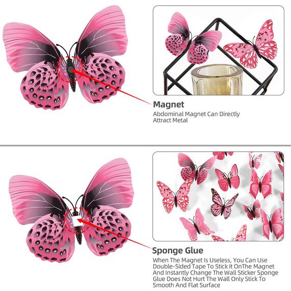 Foonii 72 PCS 3D Schmetterlinge Wanddeko Aufkleber Abziehbilder,schlagfestem Kunststoff Schmetterling Dekorationen, Wand-Dekor Rosa