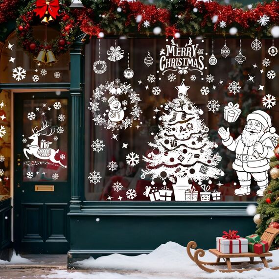 AhfuLife 90 x 30CM Groß Fensterbilder Weihnachten Weihnachtsmann für Weihnachten Deko, 6 Blatt Fenstersticker Weihnachtendeko mit Bäume Schneemänner Rentiere für Deko Türen Fenstern Schränken