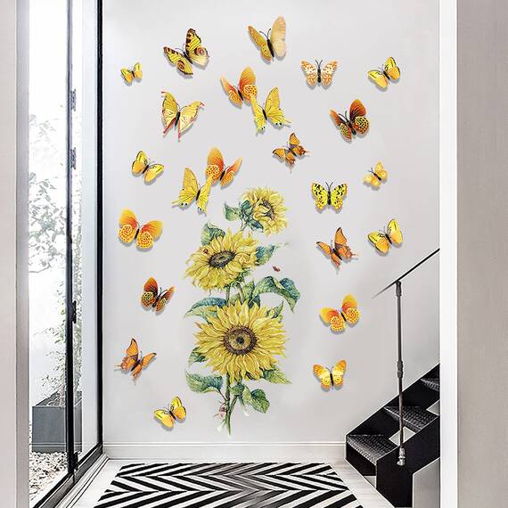 Foonii 72 PCS 3D Schmetterlinge Deko Wanddeko Aufkleber Abziehbilder,Butterfly Wandsticker 3D Wandtatoo für Die Wand Wohnung Hause Schlagfestem Kunststoff Schmetterling Dekorationen Wand-Dekor Gelb