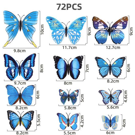Foonii 72 PCS 3D Schmetterlinge Deko Wanddeko Aufkleber Abziehbilder,Butterfly Wandsticker 3D Wandtatoo für Die Wand Wohnung Hause Schlagfestem Kunststoff Schmetterling Dekorationen Wand-Dekor Blau