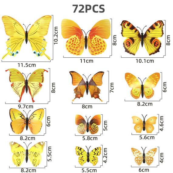 Foonii 72 PCS 3D Schmetterlinge Deko Wanddeko Aufkleber Abziehbilder,Butterfly Wandsticker 3D Wandtatoo für Die Wand Wohnung Hause Schlagfestem Kunststoff Schmetterling Dekorationen Wand-Dekor Gelb