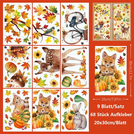 Aonveki 68 Stück Fensterbilder Herbst Selbstklebend, Thanksgiving Herbstdeko Fenster Aufkleber Ohne Kleber, Ahornblätter Kürbis Kleintiere Fensterdeko Herbst für Kinderzimmer Cafe