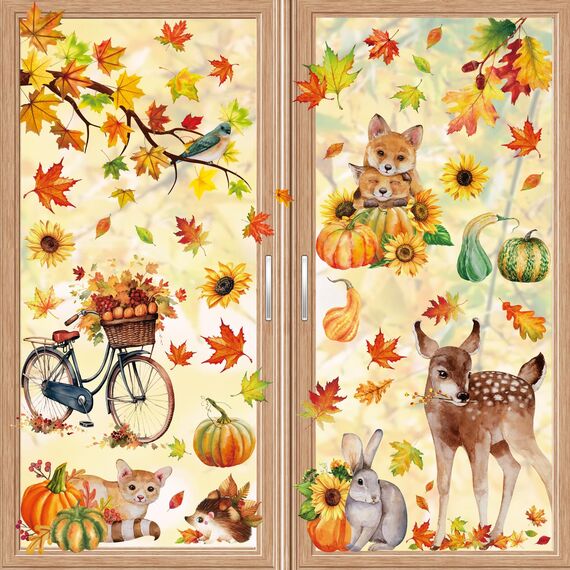 Aonveki 68 Stück Fensterbilder Herbst Selbstklebend, Thanksgiving Herbstdeko Fenster Aufkleber Ohne Kleber, Ahornblätter Kürbis Kleintiere Fensterdeko Herbst für Kinderzimmer Cafe