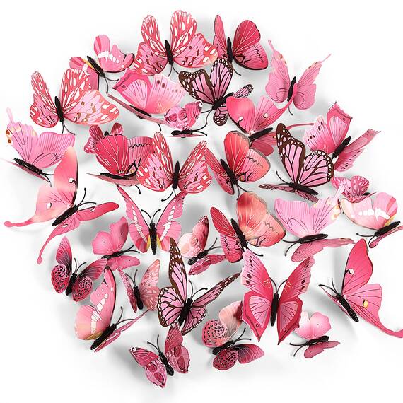 Foonii 72 PCS 3D Schmetterlinge Wanddeko Aufkleber Abziehbilder,schlagfestem Kunststoff Schmetterling Dekorationen, Wand-Dekor Rosa