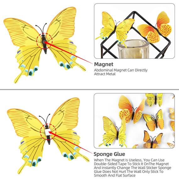 Foonii 72 PCS 3D Schmetterlinge Deko Wanddeko Aufkleber Abziehbilder,Butterfly Wandsticker 3D Wandtatoo für Die Wand Wohnung Hause Schlagfestem Kunststoff Schmetterling Dekorationen Wand-Dekor Gelb