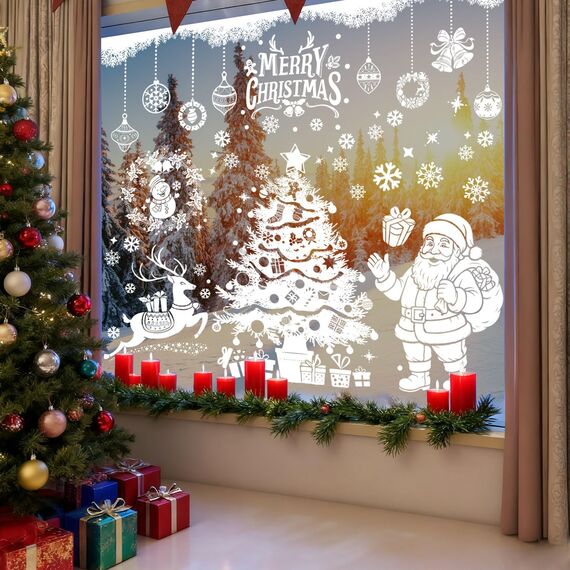 AhfuLife 90 x 30CM Groß Fensterbilder Weihnachten Weihnachtsmann für Weihnachten Deko, 6 Blatt Fenstersticker Weihnachtendeko mit Bäume Schneemänner Rentiere für Deko Türen Fenstern Schränken