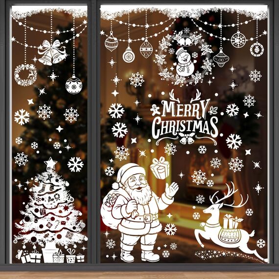 AhfuLife 90 x 30CM Groß Fensterbilder Weihnachten Weihnachtsmann für Weihnachten Deko, 6 Blatt Fenstersticker Weihnachtendeko mit Bäume Schneemänner Rentiere für Deko Türen Fenstern Schränken
