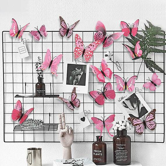 Foonii 72 PCS 3D Schmetterlinge Wanddeko Aufkleber Abziehbilder,schlagfestem Kunststoff Schmetterling Dekorationen, Wand-Dekor Rosa
