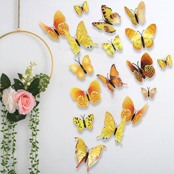 Foonii 72 PCS 3D Schmetterlinge Deko Wanddeko Aufkleber Abziehbilder,Butterfly Wandsticker 3D Wandtatoo für Die Wand Wohnung Hause Schlagfestem Kunststoff Schmetterling Dekorationen Wand-Dekor Gelb
