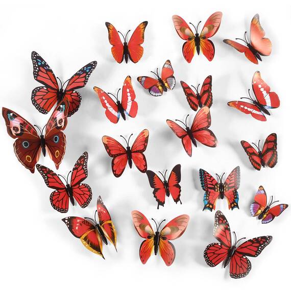 Foonii 72 PCS 3D Schmetterlinge Wanddeko Aufkleber Abziehbilder,schlagfestem Kunststoff Schmetterling Dekorationen, Wand-Dekor Rot