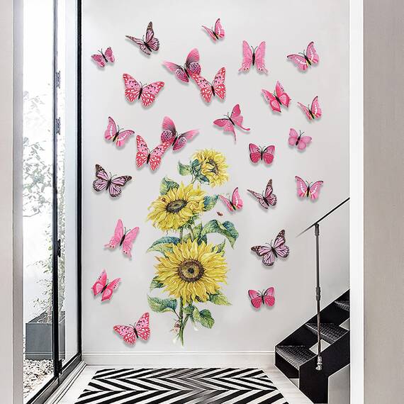 Foonii 72 PCS 3D Schmetterlinge Wanddeko Aufkleber Abziehbilder,schlagfestem Kunststoff Schmetterling Dekorationen, Wand-Dekor Rosa