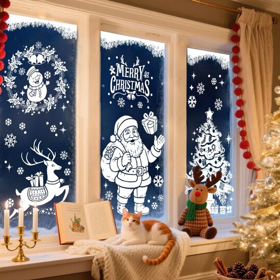 AhfuLife 90 x 30CM Groß Fensterbilder Weihnachten Weihnachtsmann für Weihnachten Deko, 6 Blatt Fenstersticker Weihnachtendeko mit Bäume Schneemänner Rentiere für Deko Türen Fenstern Schränken