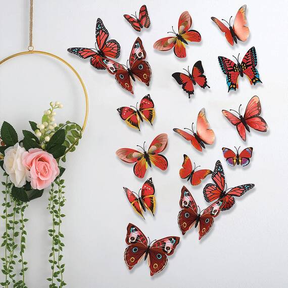 Foonii 72 PCS 3D Schmetterlinge Wanddeko Aufkleber Abziehbilder,schlagfestem Kunststoff Schmetterling Dekorationen, Wand-Dekor Rot