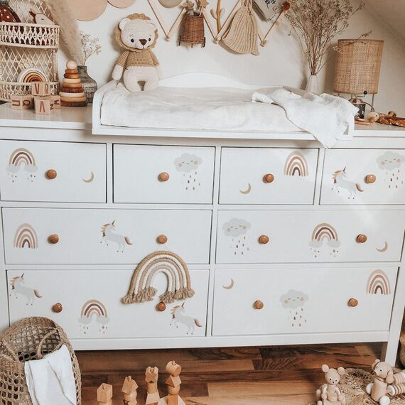 funlife 60 Stück Wandaufkleber für Kinderzimmer Babyzimmer, selbstklebende PVC-Wandtattoo Wandsticker, Boho-Stil-Aufkleber für Mädchen Jungen Baby, Wolke & Regenbogen