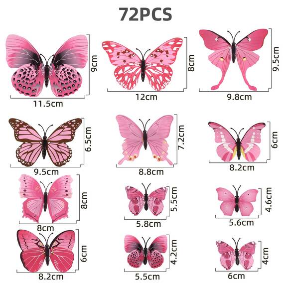 Foonii 72 PCS 3D Schmetterlinge Wanddeko Aufkleber Abziehbilder,schlagfestem Kunststoff Schmetterling Dekorationen, Wand-Dekor Rosa