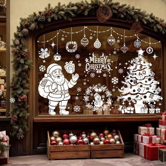 AhfuLife 90 x 30CM Groß Fensterbilder Weihnachten Weihnachtsmann für Weihnachten Deko, 6 Blatt Fenstersticker Weihnachtendeko mit Bäume Schneemänner Rentiere für Deko Türen Fenstern Schränken