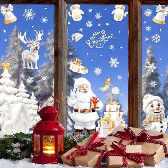 AhfuLife Fensterbilder Weihnachten, 190 Stück Fenstersticker Weihnachten Selbstklebend, Wiederverwendbar Doppelseitig Weihnachten Schneemann Santa Claus Fensterdeko für Xmas Party Weihnachtsdeko