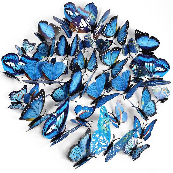Foonii 72 PCS 3D Schmetterlinge Deko Wanddeko Aufkleber Abziehbilder,Butterfly Wandsticker 3D Wandtatoo für Die Wand Wohnung Hause Schlagfestem Kunststoff Schmetterling Dekorationen Wand-Dekor Blau