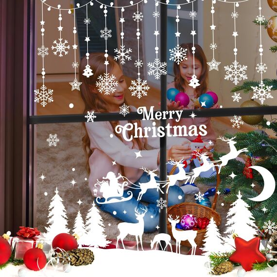 AhfuLife Fensterbilder Weihnachten, 209 Stück Fenstersticker Weihnachten Selbstklebend, Wiederverwendbar Doppelseitig Weihnachten Elch Weihnachtsbaum Fensterdeko für Winter Xmas Party Weihnachtsdeko