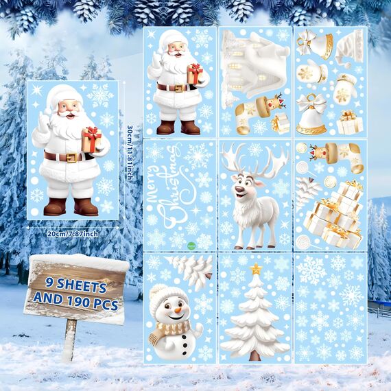 AhfuLife Fensterbilder Weihnachten, 190 Stück Fenstersticker Weihnachten Selbstklebend, Wiederverwendbar Doppelseitig Weihnachten Schneemann Santa Claus Fensterdeko für Xmas Party Weihnachtsdeko