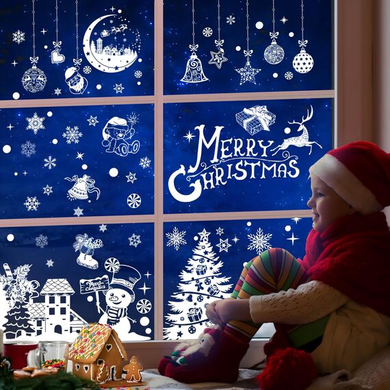 AhfuLife Fensterbilder Weihnachten, 202 Stück Fenstersticker Weihnachten Selbstklebend, Wiederverwendbar Doppelseitig Weihnachten Schneeflocken Rentier Fensterdeko für Xmas Party Weihnachtsdeko