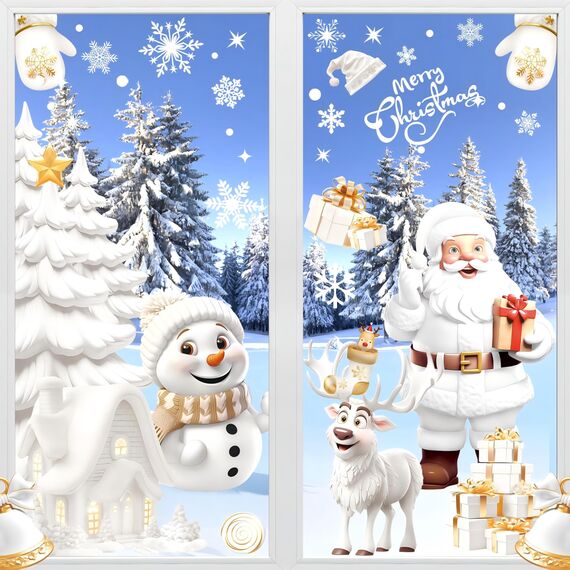 AhfuLife Fensterbilder Weihnachten, 190 Stück Fenstersticker Weihnachten Selbstklebend, Wiederverwendbar Doppelseitig Weihnachten Schneemann Santa Claus Fensterdeko für Xmas Party Weihnachtsdeko