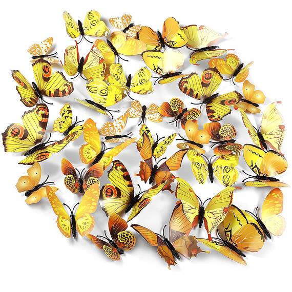 Foonii 72 PCS 3D Schmetterlinge Deko Wanddeko Aufkleber Abziehbilder,Butterfly Wandsticker 3D Wandtatoo für Die Wand Wohnung Hause Schlagfestem Kunststoff Schmetterling Dekorationen Wand-Dekor Gelb