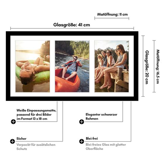 Americanflat Bilderrahmen Collage 13x18 cm Schwarz - Bilderrahmen 20x41 cm mit Passepartout für drei 13x18 cm Fotos - Fotorahmen für Mehrere Bilder der Familie - Verbundholz mit Bruchsicherem Glas