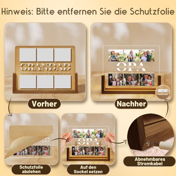 Giftove Geschenke für Opa Personalisierte Bilderrahmen mit Foto - Bester Opa Weihnachtsgeschenke - Kreative Geschenke für Opa zum Geburtstag, Weihnachten, Vatertag von Enkelin Enkeln - Fotolampe