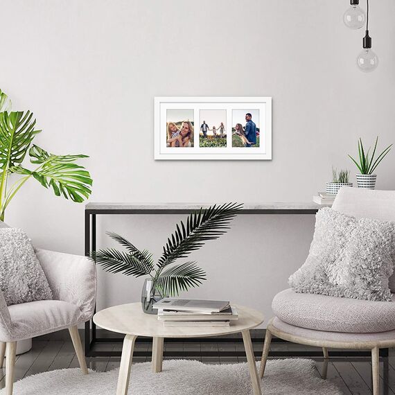 Americanflat Bilderrahmen Collage 13x18 cm Weiß - Bilderrahmen 25x51 cm mit Passepartout für drei 13x18 cm Fotos - Fotorahmen für Mehrere Bilder der Familie - Verbundholz mit Plexi-Scheibe