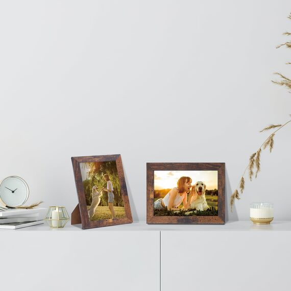 HORLIMER 15er Bilderrahmen Set 10x15 cm, Bruan Bilderrahmen mit Holzmaserung, Fotorahmen Collage für 15x10 Fotos und Bilder, Wand- oder Tischaufstellung