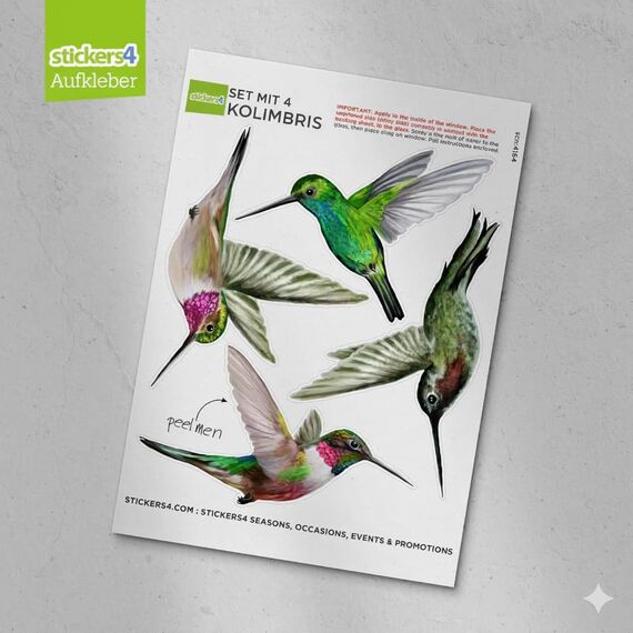 Stickers4 Vogelaufkleber für Fensterscheiben zum Schutz gegen Vogelschlag | Vogelschutz Fenster | 4 x Schöne Kolibri-Glasaufkleber, doppelseitig und selbstklebend zum Schutz gegen Vogelkollisionen