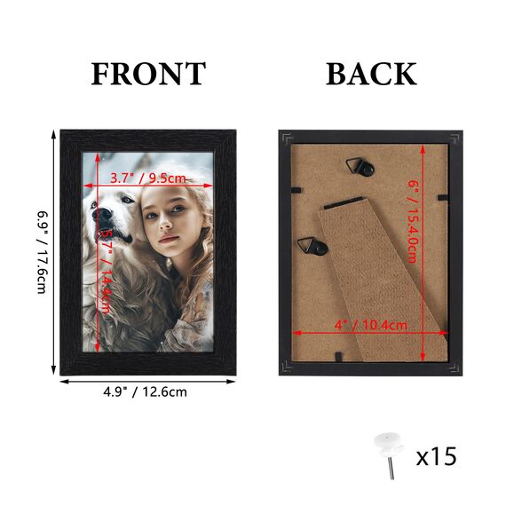 HORLIMER 15er Bilderrahmen Set 10x15 cm, Schwarz Bilderrahmen mit Holzmaserung, Fotorahmen Collage für 15x10 Fotos und Bilder, Wand- oder Tischaufstellung