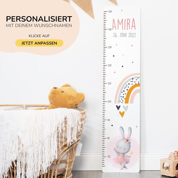 Kidsmood - Personalisierte Messlatte Kinder aus Holz – Hochwertige Messleiste & Wand-Deko für Baby- & Kinderzimmer mit liebevollem Hase – Tolles Taufgeschenk für Mädchen & Jungen - Skala 65-140cm