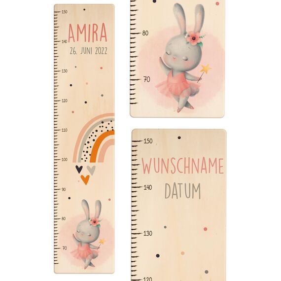 Kidsmood - Personalisierte Messlatte Kinder aus Holz – Hochwertige Messleiste & Wand-Deko für Baby- & Kinderzimmer mit liebevollem Hase – Tolles Taufgeschenk für Mädchen & Jungen - Skala 65-140cm
