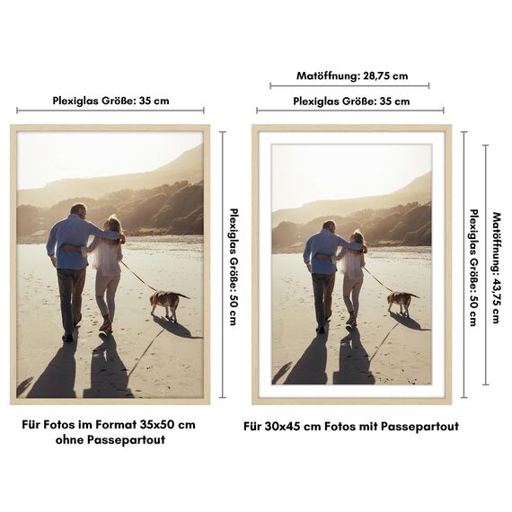 Americanflat Bilderrahmen 35x50 cm Eiche/Natur - Bilderrahmen 30x45 cm mit Passepartout - aus Kunststoff mit poliertem Plexi-Scheibe