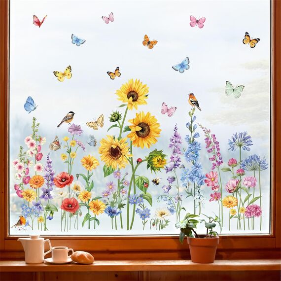 decalmile Fensteraufkleber Blumen Frühling Sommer Fenster Abziehbilder Blumenwiese Wildblumen Sonnenblume Vögel Anti-Kollision Fensterfolie Glas Fensterdeko Aufkleber