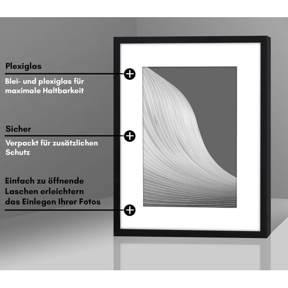 Americanflat Bilderrahmen 30x40 cm Schwarz - Bilderrahmen 20x30 cm mit Passepartout - aus Kunststoff mit bruchsicherer Scheibe