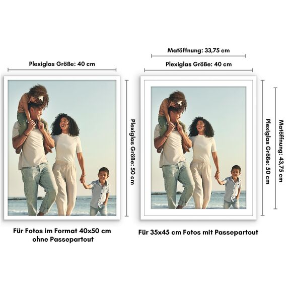 Americanflat Bilderrahmen 40x50 cm Weiß - Bilderrahmen 35x45 cm mit Passepartout - aus Kunststoff mit poliertem Plexi-Scheibe