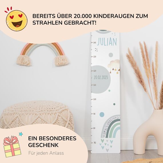 Kidsmood - Personalisierte Messlatte Kinder aus Aluverbund – Hochwertige Messleiste & Wand-Deko für Kinderzimmer mit fröhlichem Regenbogen – Tolles Taufgeschenk für Mädchen & Jungen - Skala 65-140cm