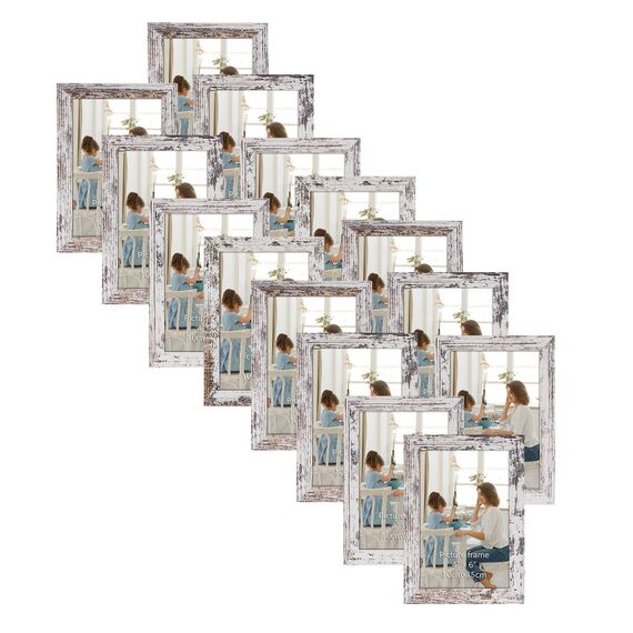 HORLIMER 15er Set Bilderrahmen 10x15 cm, Vintage-Weiß mit Verwitterter Maserung, Rustikale Fotorahmen Collage für 15x10 Fotos und Bilder, Wand- oder Tischaufstellung