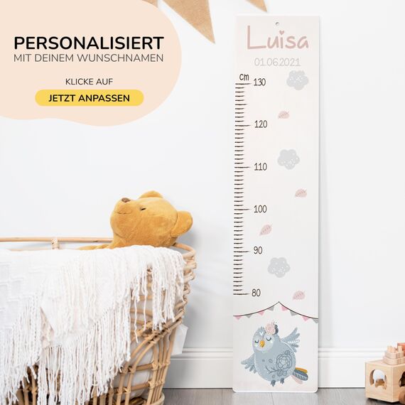 Kidsmood - Personalisierte Messlatte Kinder aus Aluverbund – Hochwertige Messleiste & Wand-Deko für Kinderzimmer mit niedlicher Eule – Tolles Taufgeschenk für Mädchen & Jungen - Skala 65-140cm