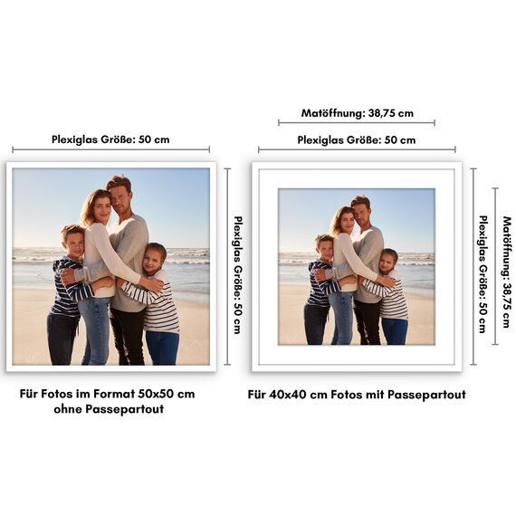 Americanflat Bilderrahmen 50x50 cm Weiß - Bilderrahmen 40x40 cm mit Passepartout - aus Kunststoff mit poliertem Plexi-Scheibe